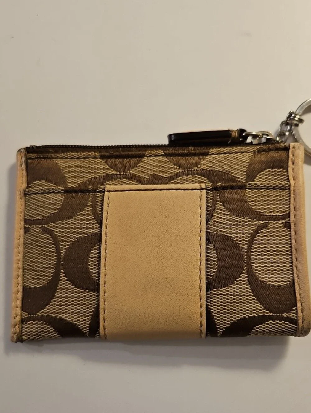 Coach Brown Monogram Canvas Key Pouch with Tan Leather Trim